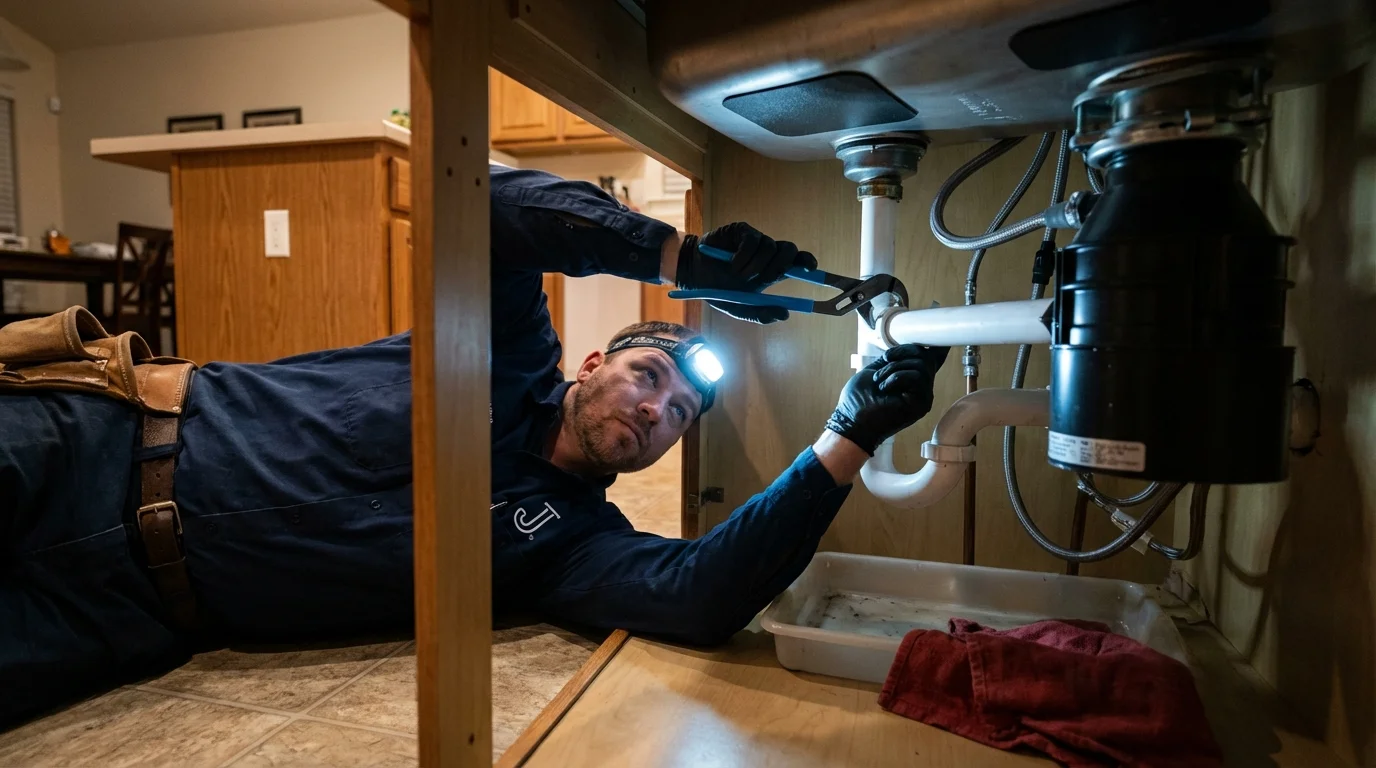 P-trap and supply line connections under a kitchen sink showing a common leak point in Florence, CO